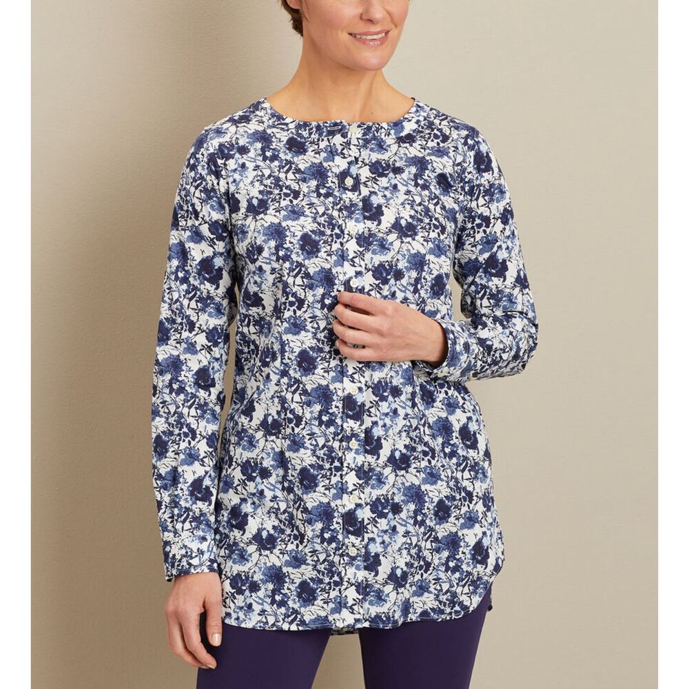 NWT Duluth Trading Wrinklefighter Tunic 1X Plus Blue Floral Button Down Blouse